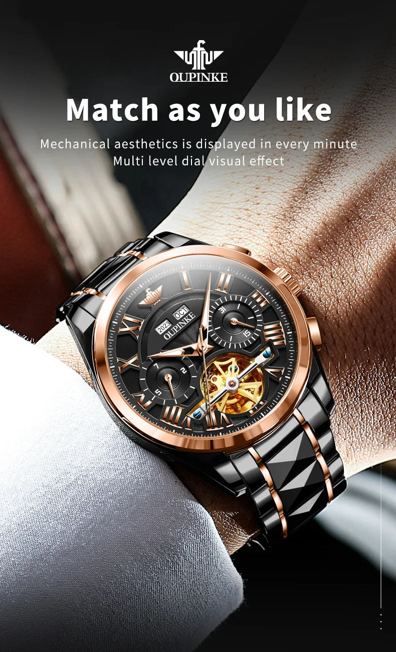 OUPINKE 3236 Men Watch Hollow Skeleton Date Luxury Mechanical Watch For Men Deep Waterproof Roman Scale Male Business Wristwatch