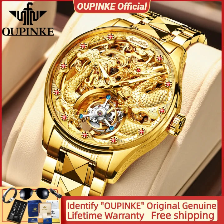 OUPINKE 3176 Top Brand Automatic Mechanical Men's Watch Tourbillon Movement Skeleton Golden Dragon Dial Man Watches