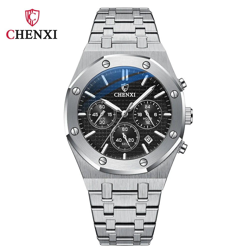 CHENXI Brand Multi-Function Sports Man Watch Luminous Chronograph Steel Strap Waterproof Calendar Quartz Watches Male
