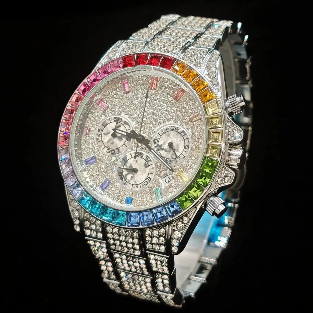 Fashion Ice Watches Men Brand UNIGUET Luxury Stainless Steel Hip Hop Rainbow Diamond Quartz Wristwatch Male Gift Dropshipping