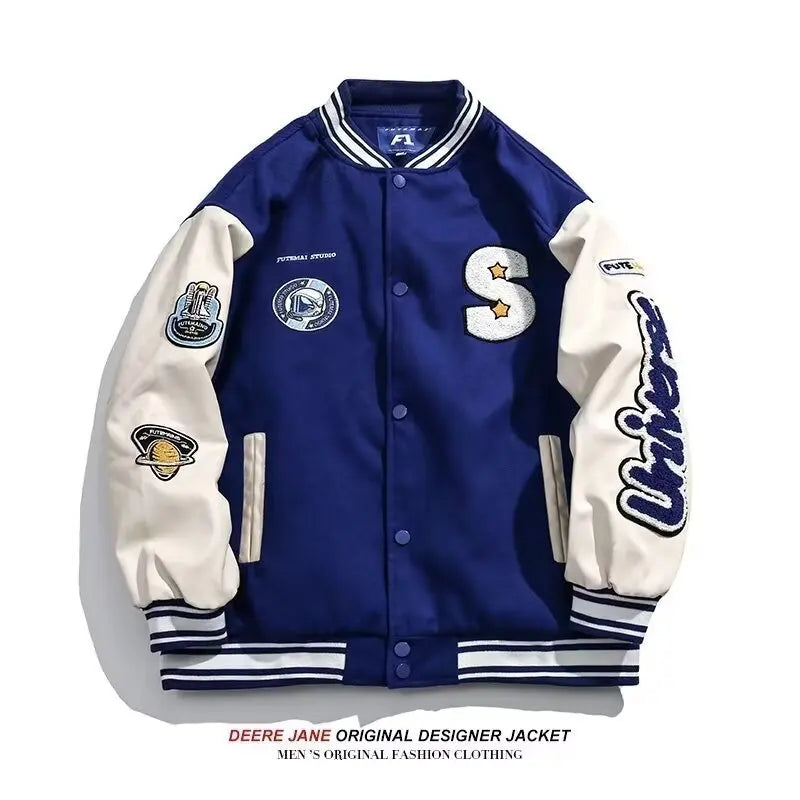2025 New Vintage Baseball Jacket Men Women Couple Klein Blue PU Sleeves Baseball Bomber Jacket Men's Outwear Fashion Coat Man