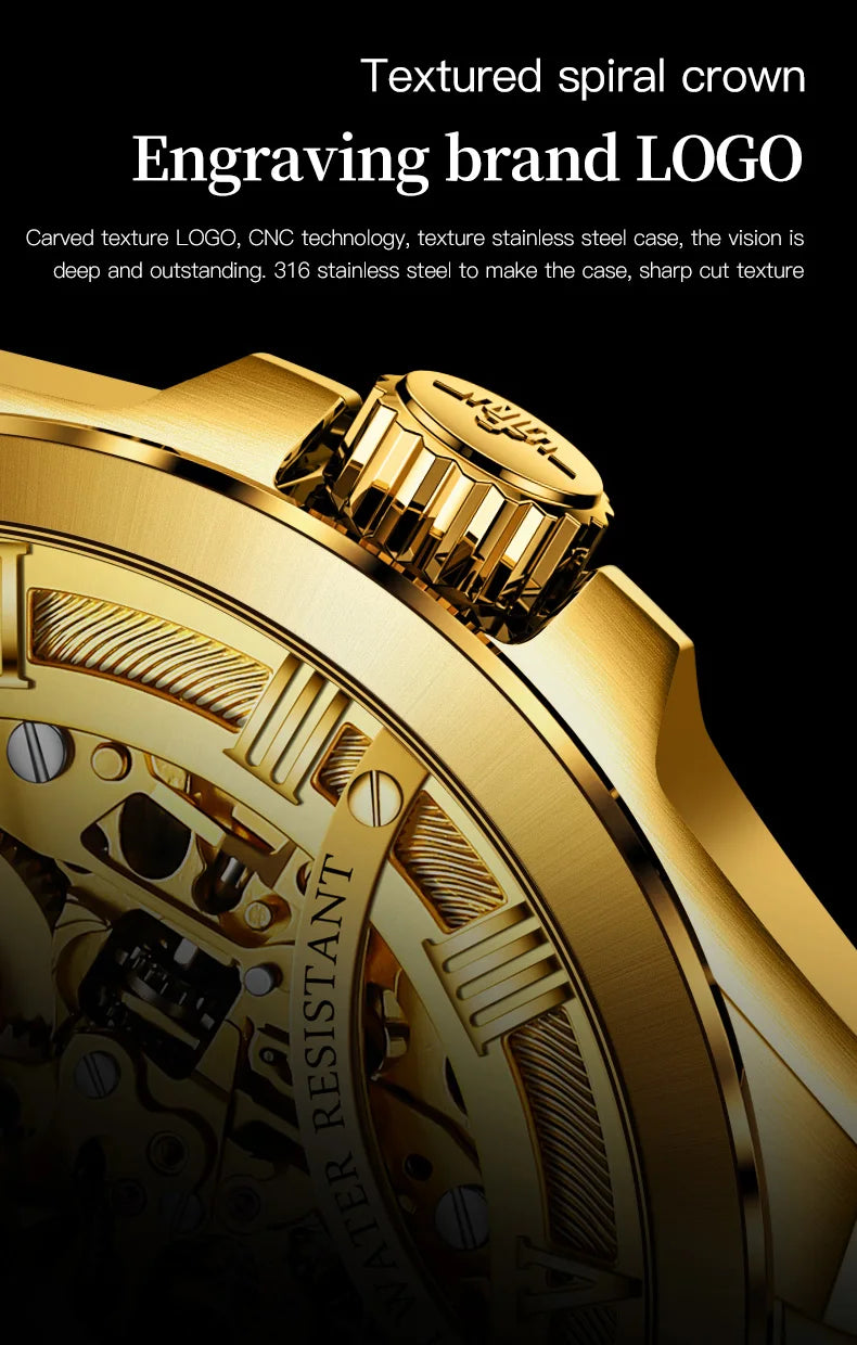 OUPINKE 3210 Gold Men Fully Automatic Mechanical Watch High end Original 3D Hollow Design Waterproof Luminous Men Watch Luxury
