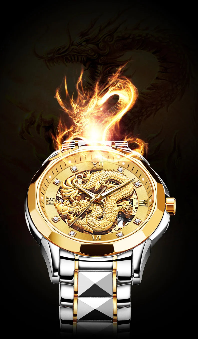 JSDUN Gold 3D Dragon Dial Watch For Men Luxury Brand Automatic Mechanical Watch Stainless Steel Strap Hollow-carved Reloj Hombre