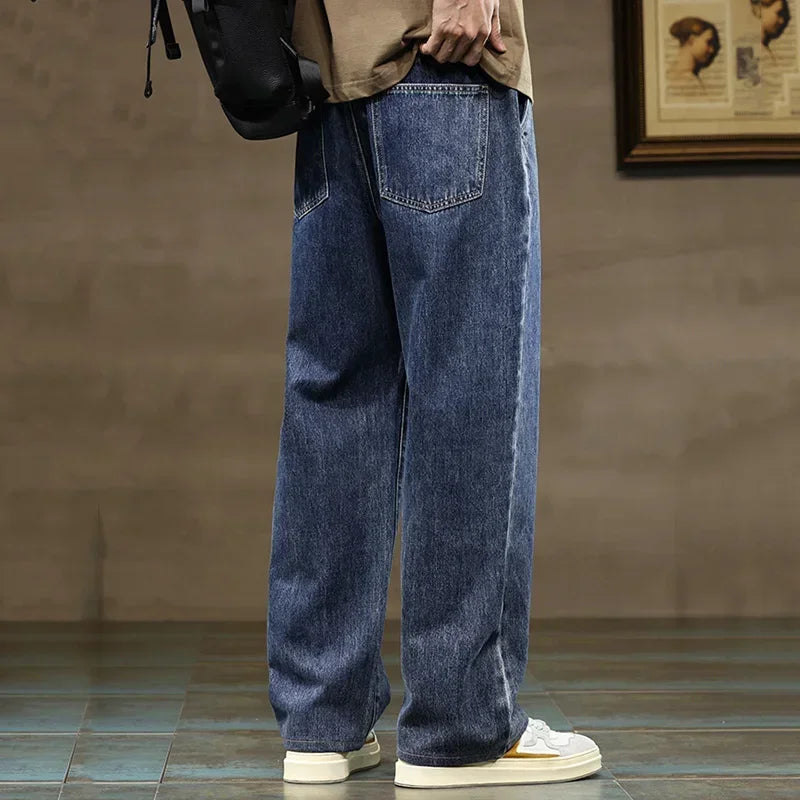 Branded Men's Baggy Jeans Classic Drawstring Loose Casual Straight Pants College Students Daily Versatile Blue Pants