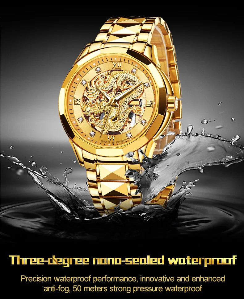 JSDUN Gold 3D Dragon Dial Watch For Men Luxury Brand Automatic Mechanical Watch Stainless Steel Strap Hollow-carved Reloj Hombre