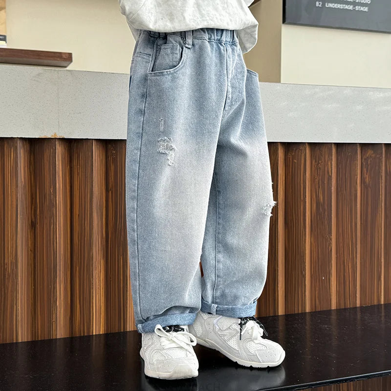 New Fashion Baby Baggy Ripped Jeans For Boys Casual Cartoon Print Denim Pants Kids Child Destroyed Jeans Trousers Age 2 To 9 Y