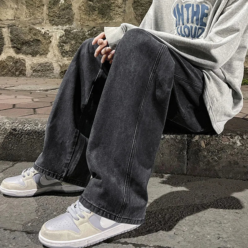 Korean Fashion Classic Jeans Men's Four Seasons Loose Straight Wide Leg Pants Street Hip-Hop Baggy Student Unisex Pants