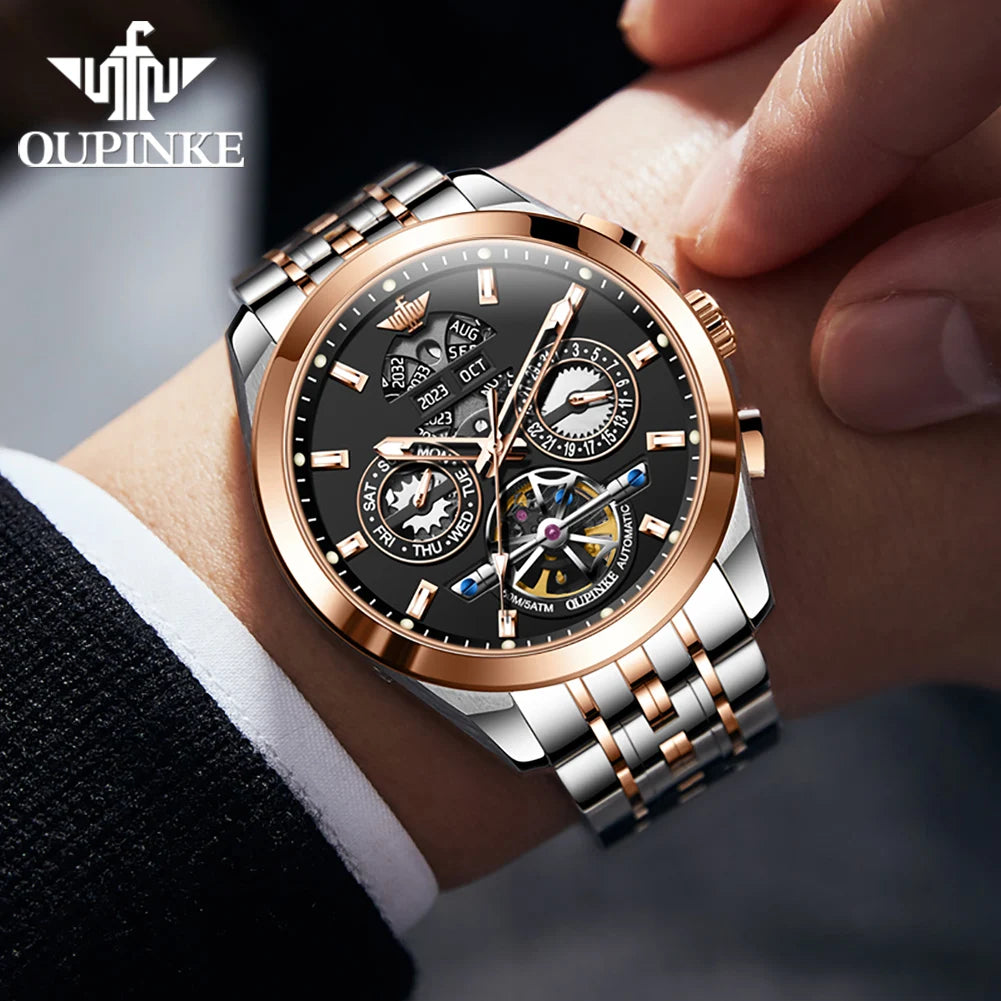 OUPINKE 3251 Mens Watch Luxury Sapphire Glass Tourbillon Mechanical Watch Tungsten Steel 50M Waterproof Watch For Man Gift Box