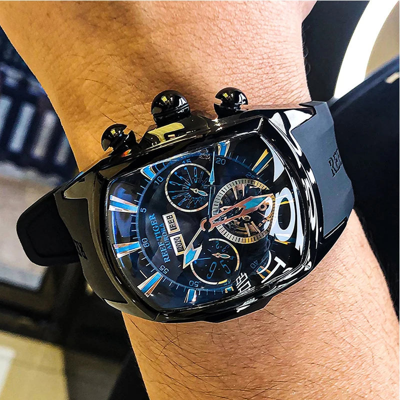 Reef Tiger 316L Stainless Steel Wine Barrel Automatic Watch Fashion Mulitfunction Tourbillon Mechanical Watches for Men RGA3069