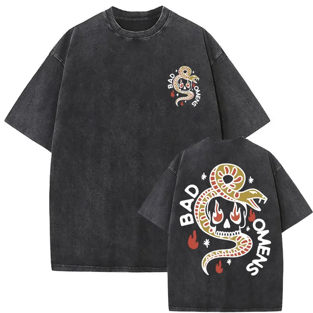 Washed Vintage Bad Omens Print T-shirt Funny Moth Graphic Tshirt Men Women Fashion Hip Hop Streetwear Short Sleeve T-shirts Male