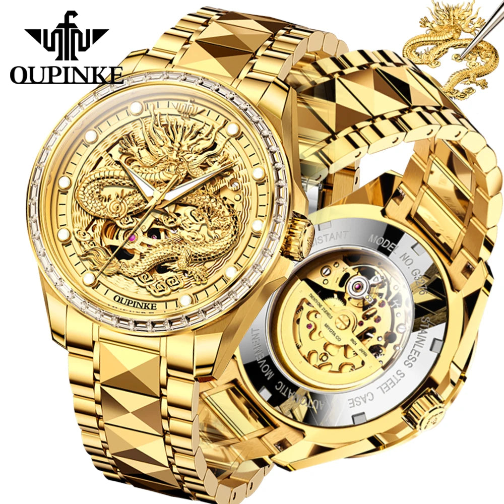 OUPINKE Men's Watches Top Brand Luxury Gold Tungsten Steel Original Automatic Mechanical Wristwatch Featured Dragon Pattern Dial