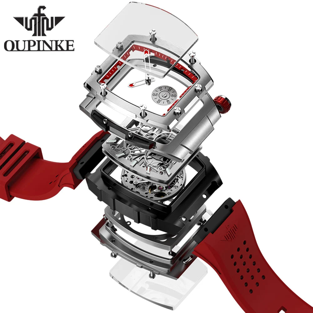 OUPINKE 3213 Mens Watch Skeleton Automatic Mechanical Watch 50M Waterproof Silicone Strap Sports Watch Sapphire Lens Gift Box