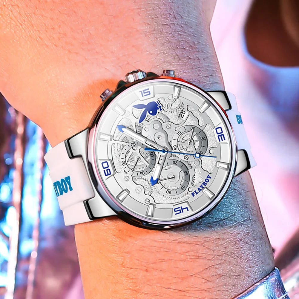 PLAYBOY Luxury Original Watch for Men Silicone Strap Fashion Quartz Men's Wrist Watches Waterproof Luminous Sports Male Watch