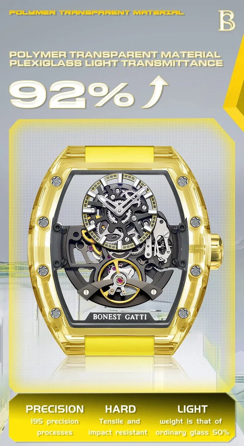 BONEST GATTI 2025 New Men Automatic Watch Tonneau Mechanical Wristwatch Acylic Case Sapphire Lume Hollow Out Dial Fluororubber