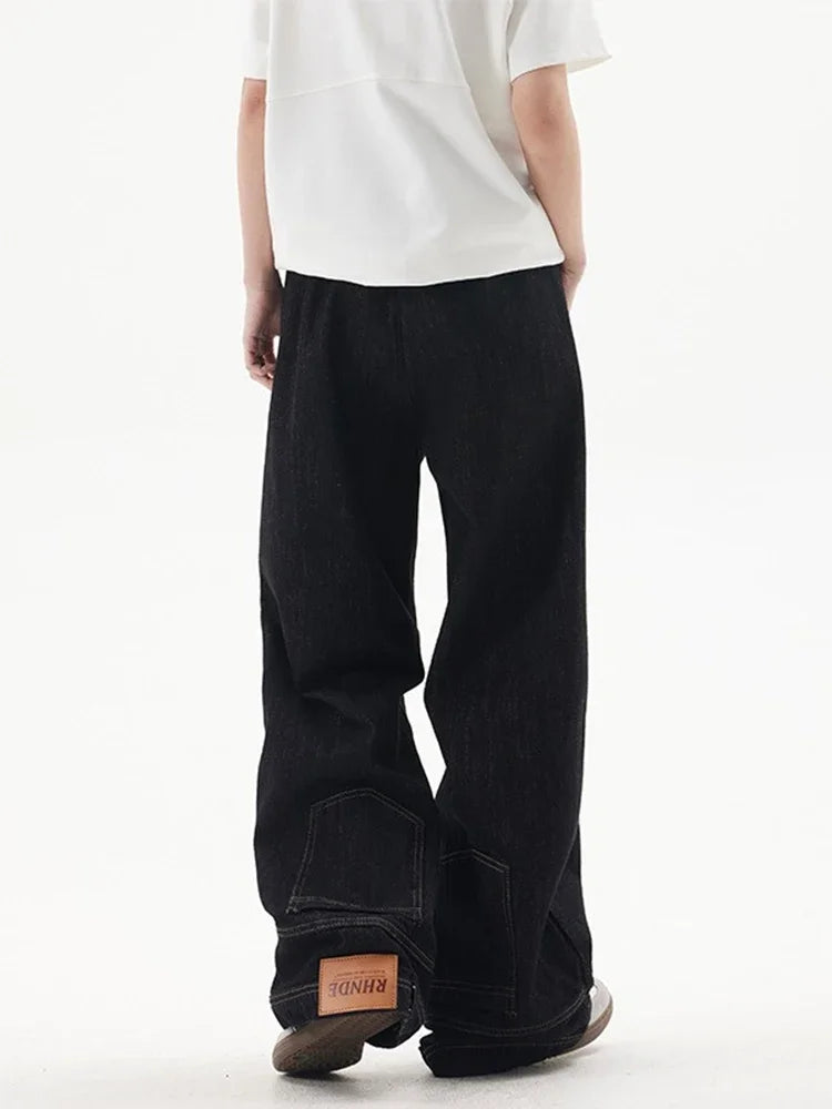 Autumn High Street Baggy Jeans For Men Reverse Pocket Design Straight Wide Leg Denim Pants 2025 New Solid Color Y2K Vintage Jean