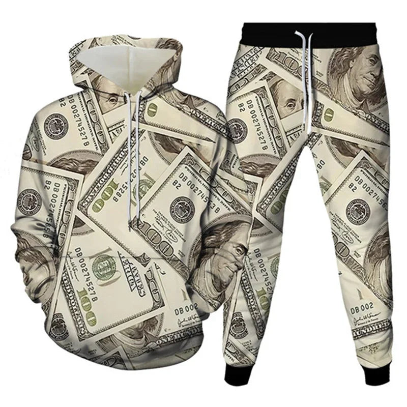 Men's Poker&Money 3D Print Tracksuit Set Fashion Casual Luck Hoodie+Pants 2pcs Sets Pullover Trend Streetwear Man/women Clothing