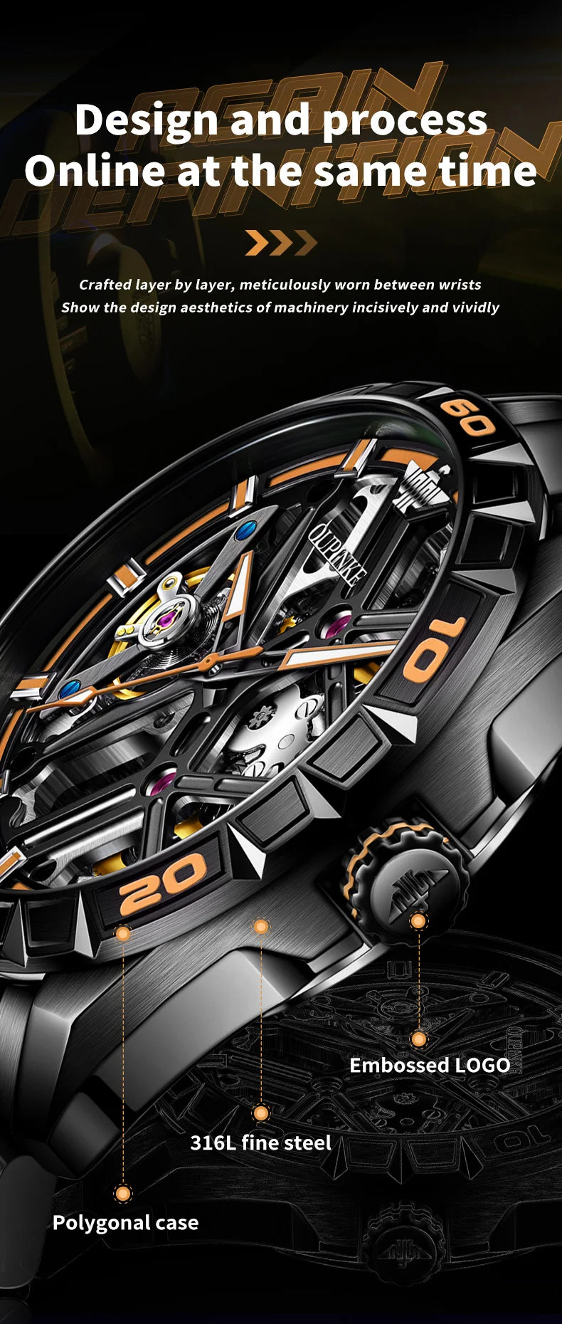 OUPINKE 3196 Luxury Business High Quality Mens Watch Skeleton Automatic Mechanical Watch 50M Waterproof Luminous Sports Watches