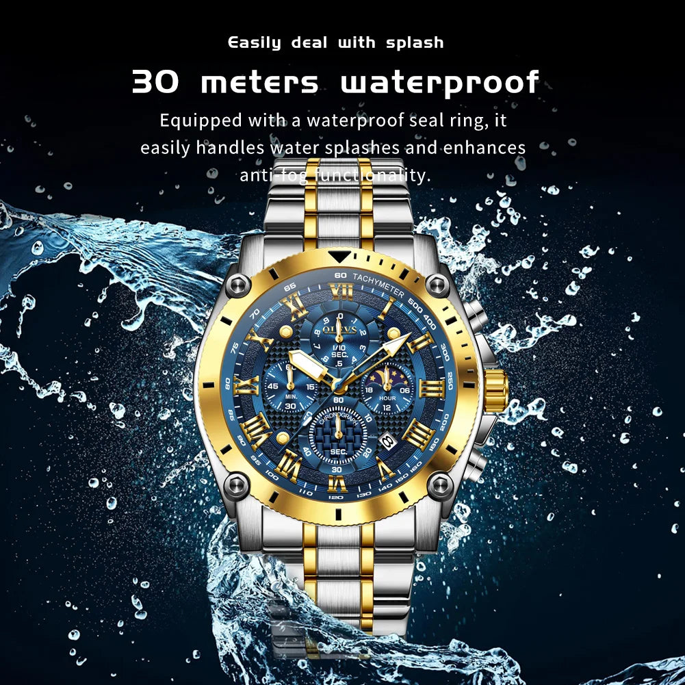 OLEVS Watches Man 3689 New Original Quartz Watch Waterproof Luminous Moon Phase Sports Watches For Man Stainless Steel Reloj