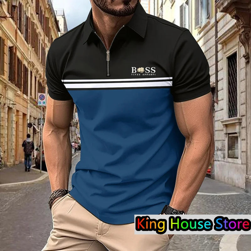 Men's Polo Shirt Summer Streetwear Boss 3d Printe Golf Short Sleeve Business Casual Zipper Polo Sportswear Male Clothing For Men