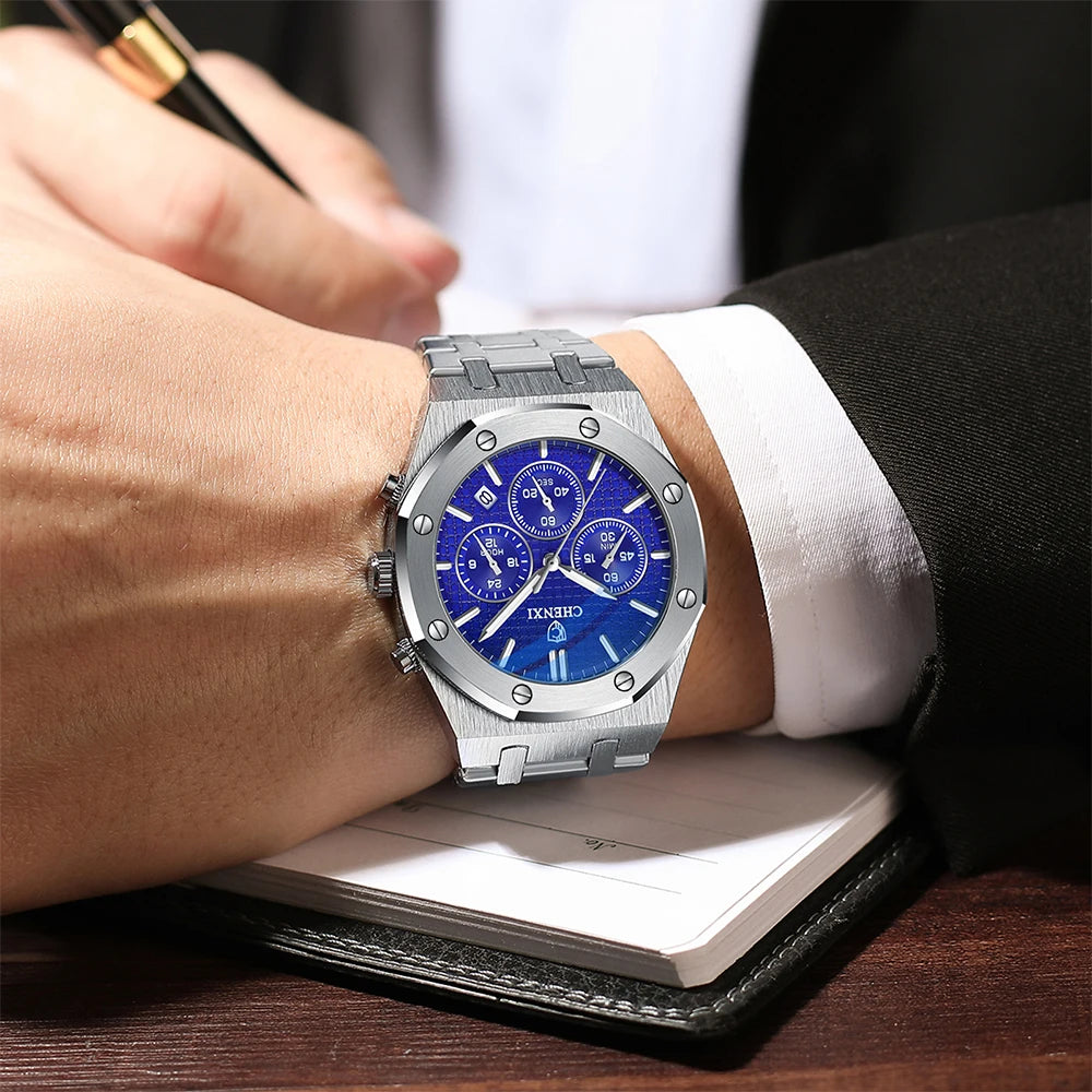 CHENXI Brand Multi-Function Sports Man Watch Luminous Chronograph Steel Strap Waterproof Calendar Quartz Watches Male