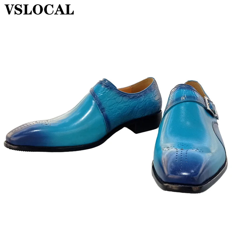 Genuine Leather Men's Loafers Blue Black Buckle Strap Casual Luxury Mens Dress Shoes Office Wedding Monk Shoes For Men