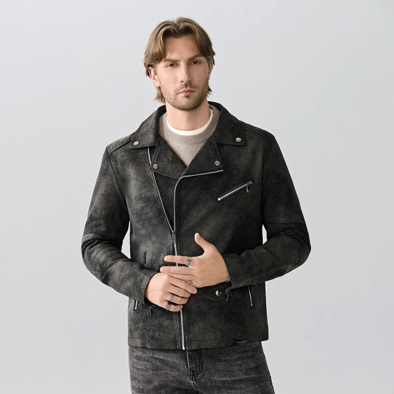High-end Suede Leather Jacket Winter Men New American Punk Handsome Windproof Men Clothes Male Retro Brown Lapel Jacket
