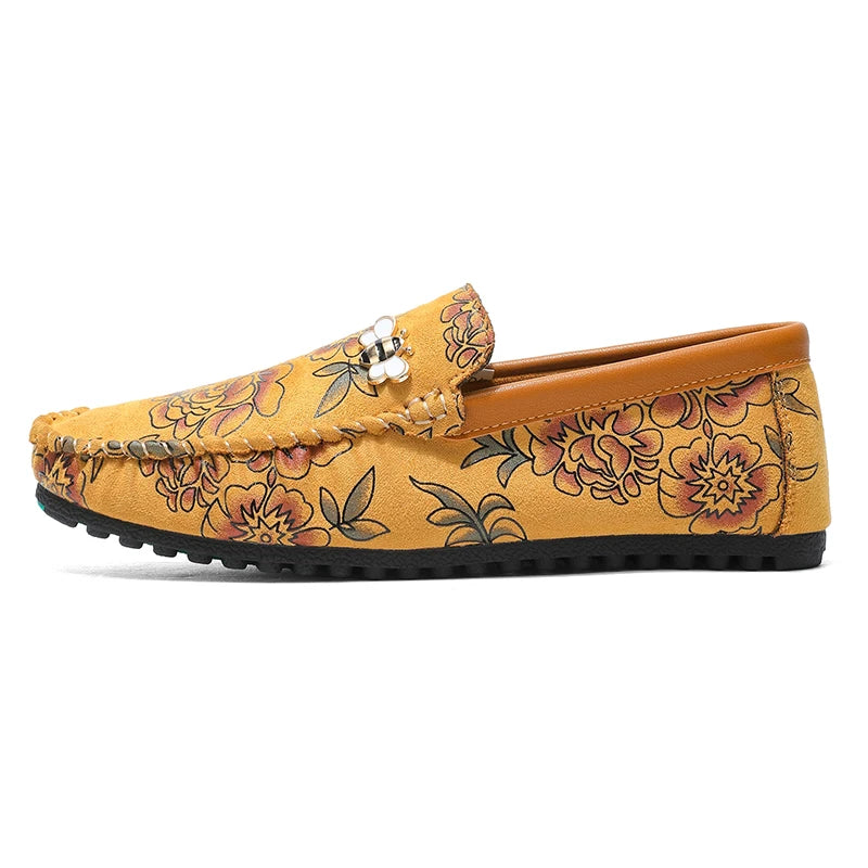 Autumn Fashion Flower Print Men's Loafers Oversized Leather Flat Shoes Men's Lightweight Driving Shoes