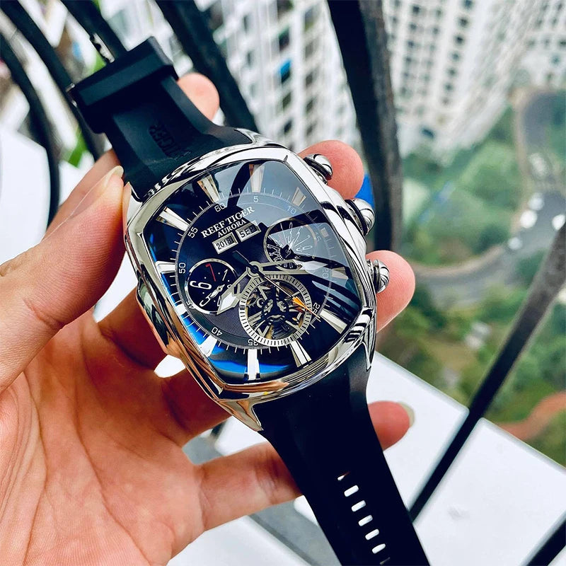 Reef Tiger 316L Stainless Steel Wine Barrel Automatic Watch Fashion Mulitfunction Tourbillon Mechanical Watches for Men RGA3069