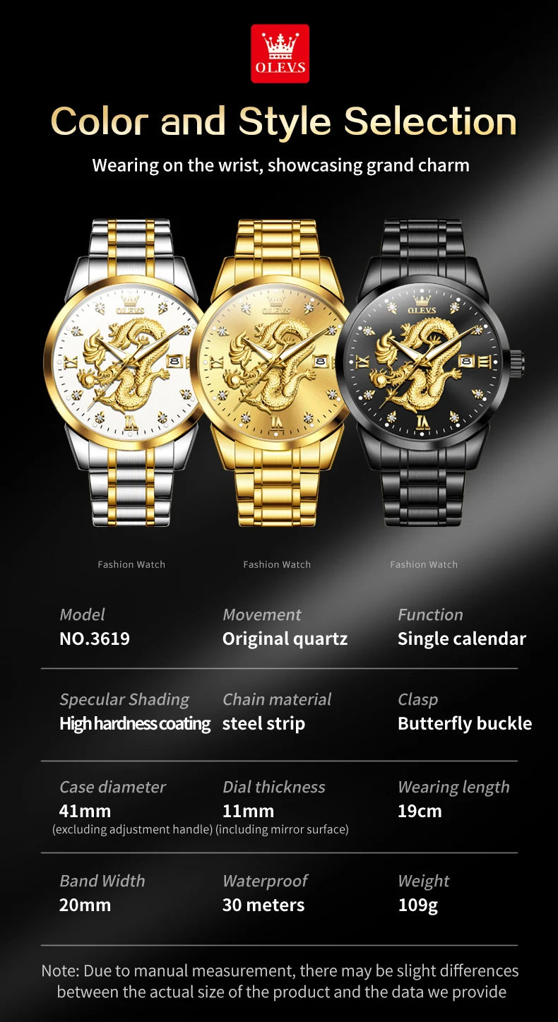 OLEVS 3619 Mens Watch Top Brand Fashion Original Quartz Watch for Man China Loong Dragon Dial Waterproof Luminous Date Reloj