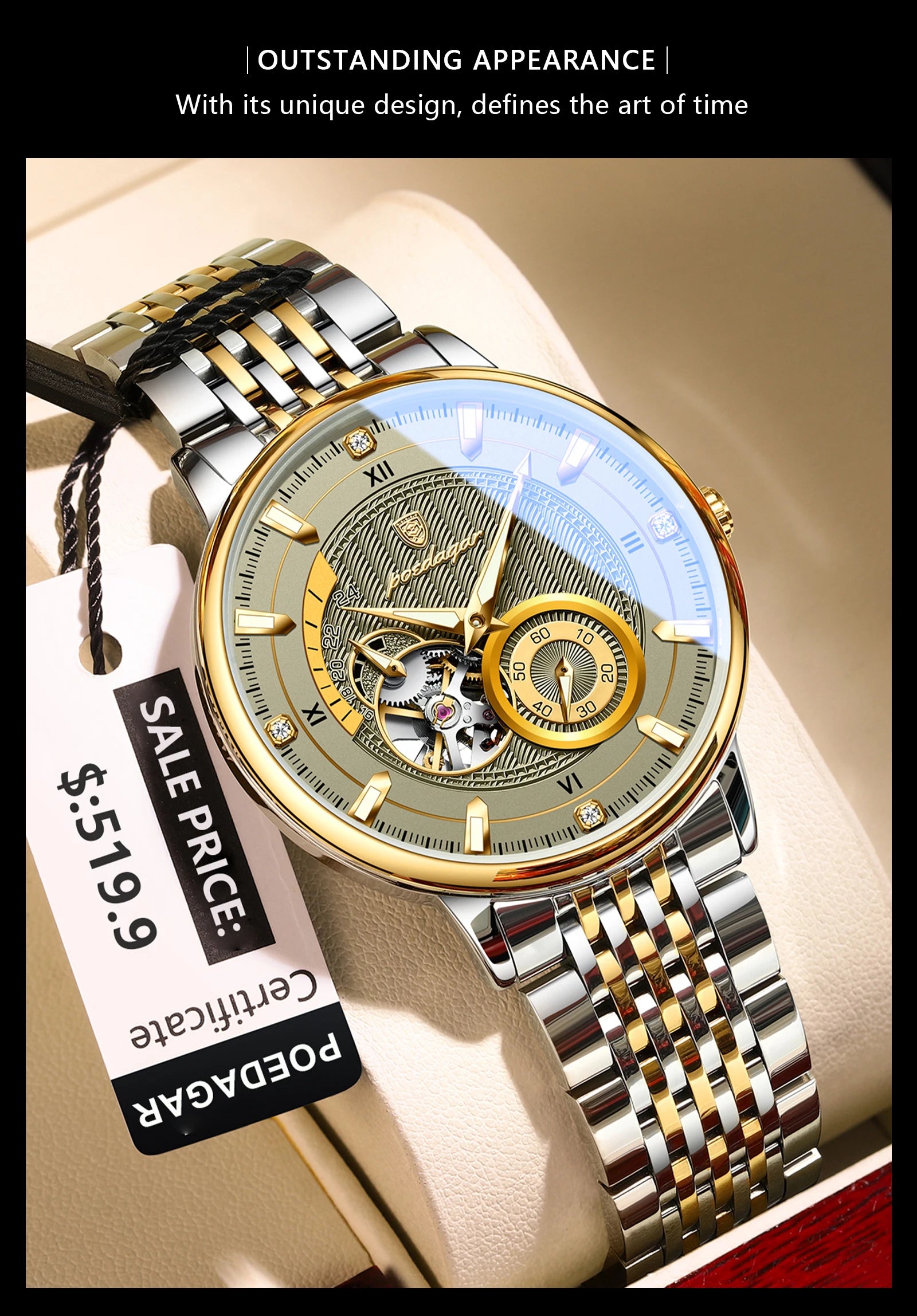 POEDAGAR Luxury Man Wristwatch Top Automatic Mechanical Luminous Men Watch Hollow Tourbillon Stainless Steel Men's Watches Reloj