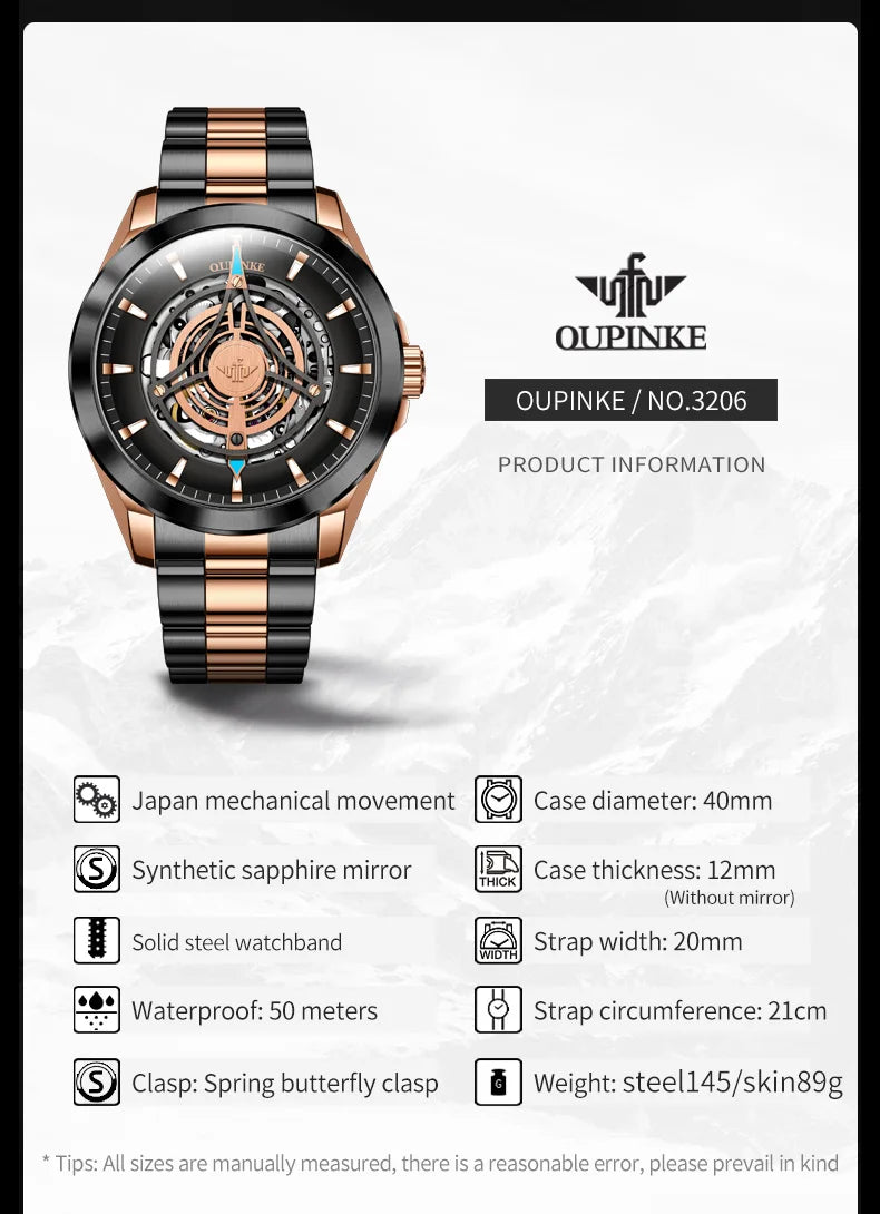 OUPINKE 3206 Men's Watches Sky Eye Automatic Mechanical Wristwatch for Man Waterproof Stainless Steel Luminous Sapphire Luxury