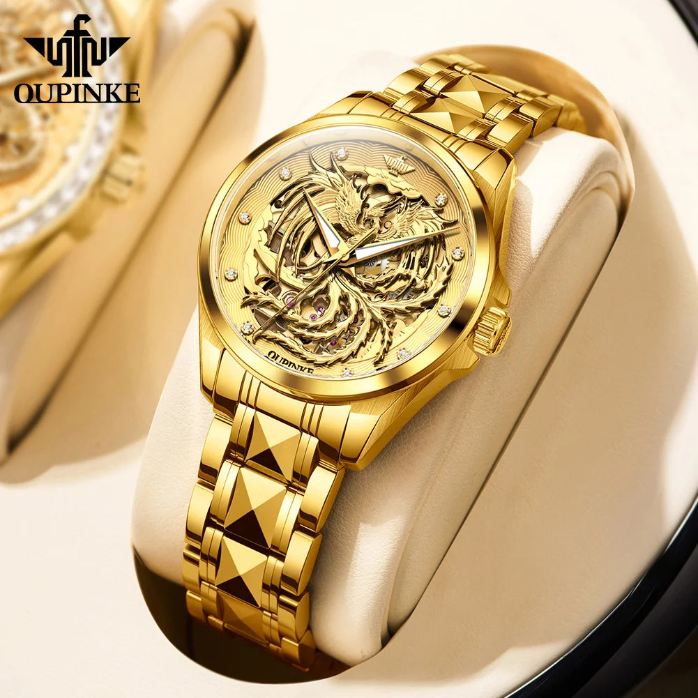 OUPINKE High End Gold Dragon Watch for Men Women Tungsten steel Automatic Mechanical Couple Watches Luxury Couple Wristwatches