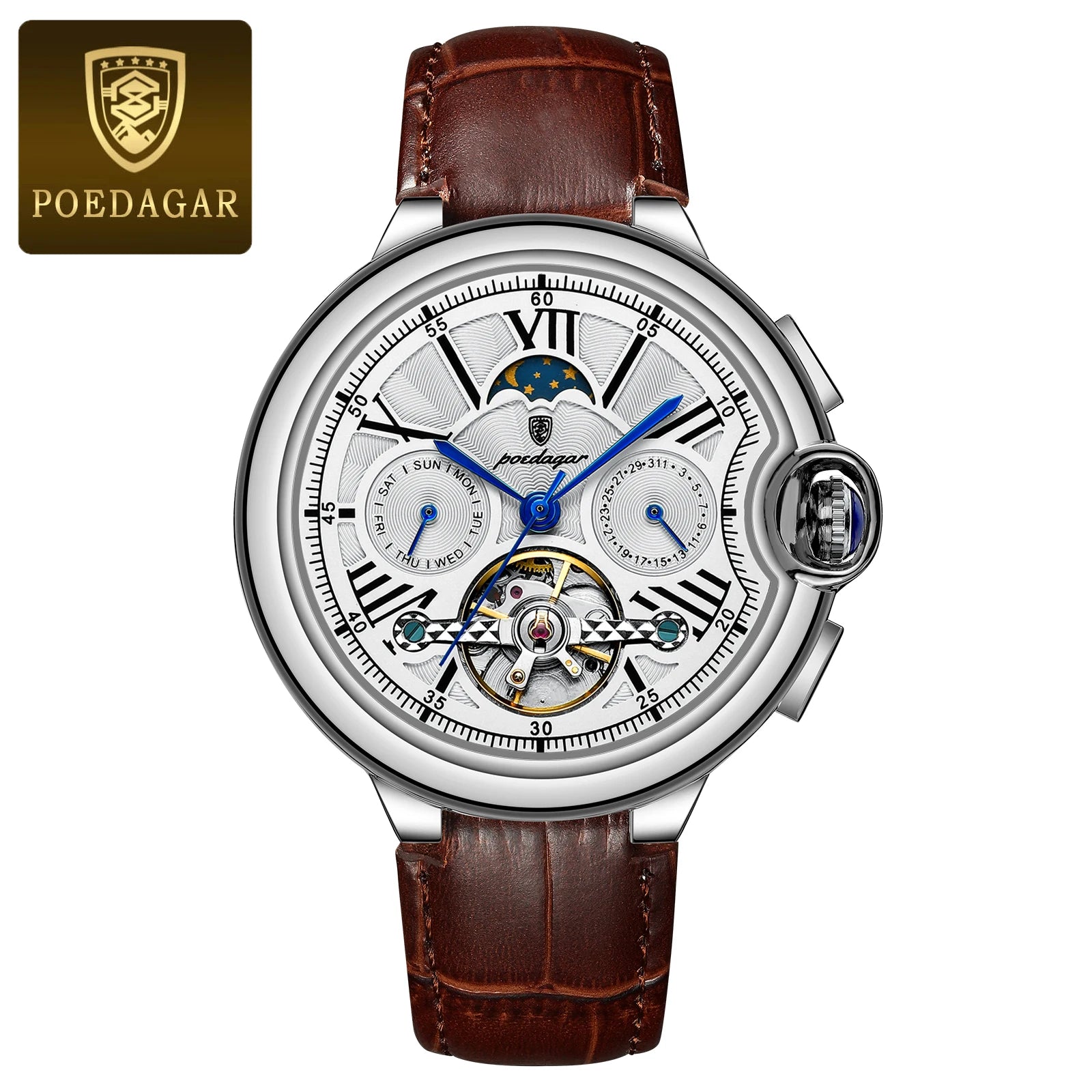 POEDAGAR Luxury Man Watch Tourbillon Date Week Stainless Steel Men Watch Waterproof Automatic Mechanical Military Men's Watches