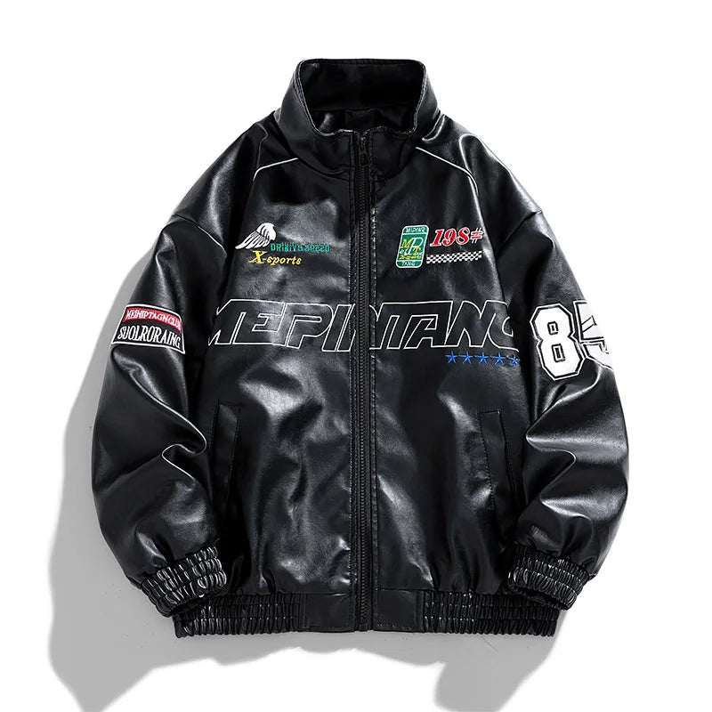 Mens Leather Jacket Pu Letter Embroidery Motorcycle Jacket Retro Hip Hop Windbreaker Biker Coat Street Fashion Black White Green