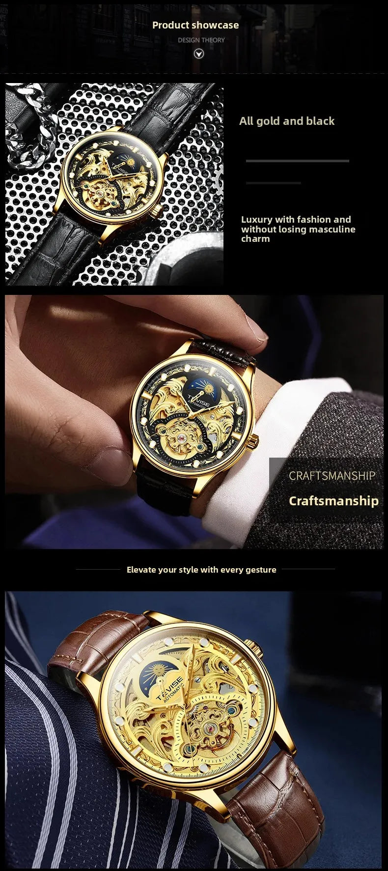 New 2025 Men's Automatic Leather Belt Watch Waterproof Business Casual Mechanical Wristwatch Hollow Design Live Broadcast Delive