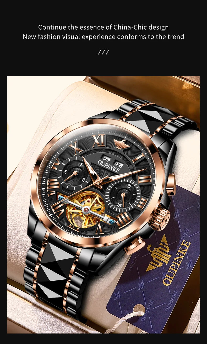 OUPINKE 3236 Men Watch Hollow Skeleton Date Luxury Mechanical Watch For Men Deep Waterproof Roman Scale Male Business Wristwatch