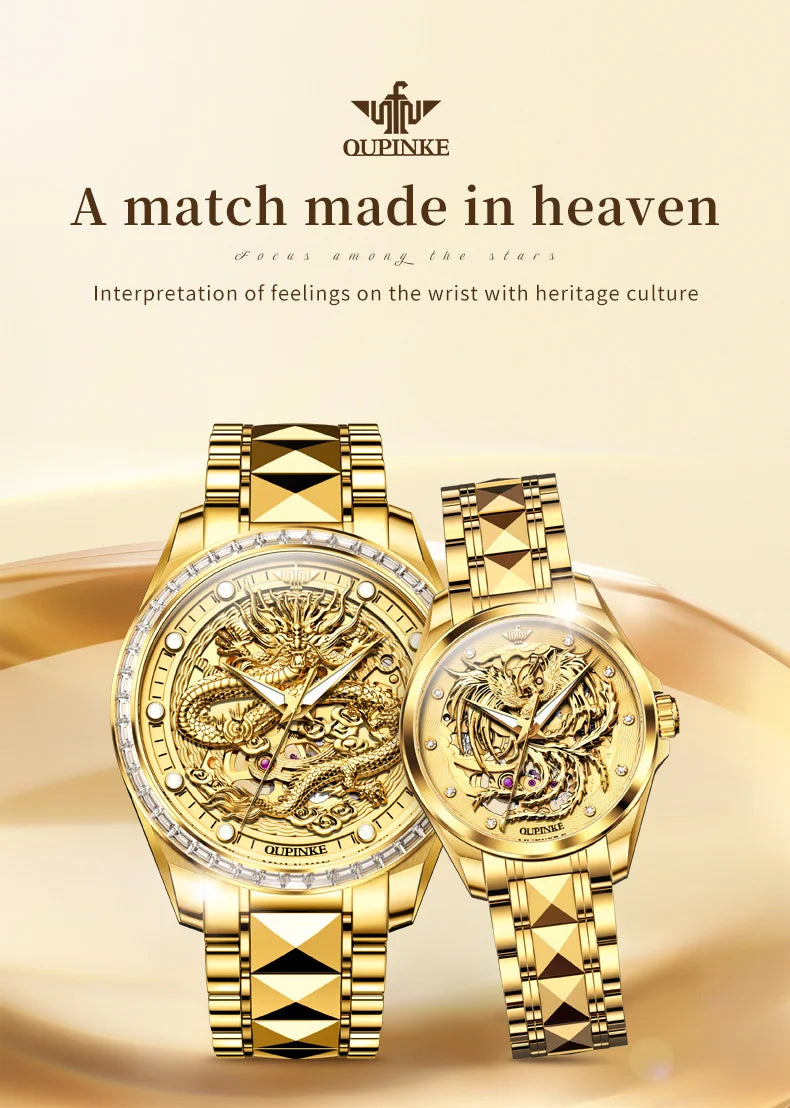 OUPINKE High End Gold Dragon Watch for Men Women Tungsten steel Automatic Mechanical Couple Watches Luxury Couple Wristwatches