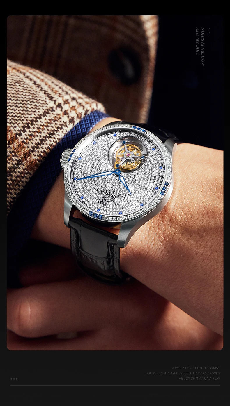 JSDUN Fully Diamond Tourbillon Automatic Watch for Men Genuine Leather Strap Sapphire Mirror Luxury Mechanical Man Wrist Watches