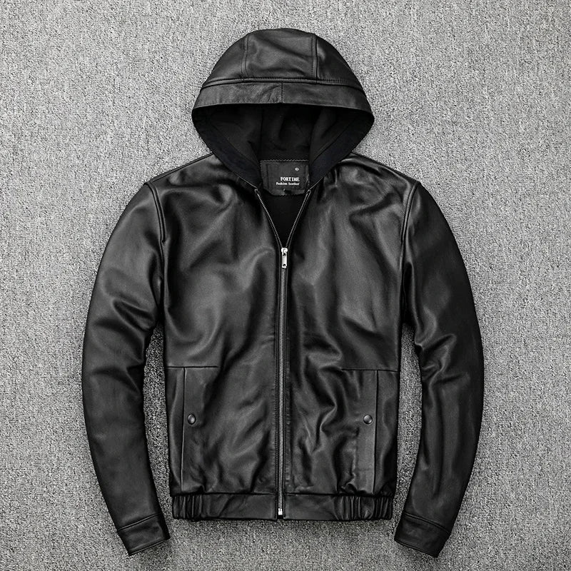Men's Hooded Leather Jacket 100% Genuine Sheepskin Motorcycle Black Coat Male Hoodies Clothes Spring Hat Leather Jacket Men
