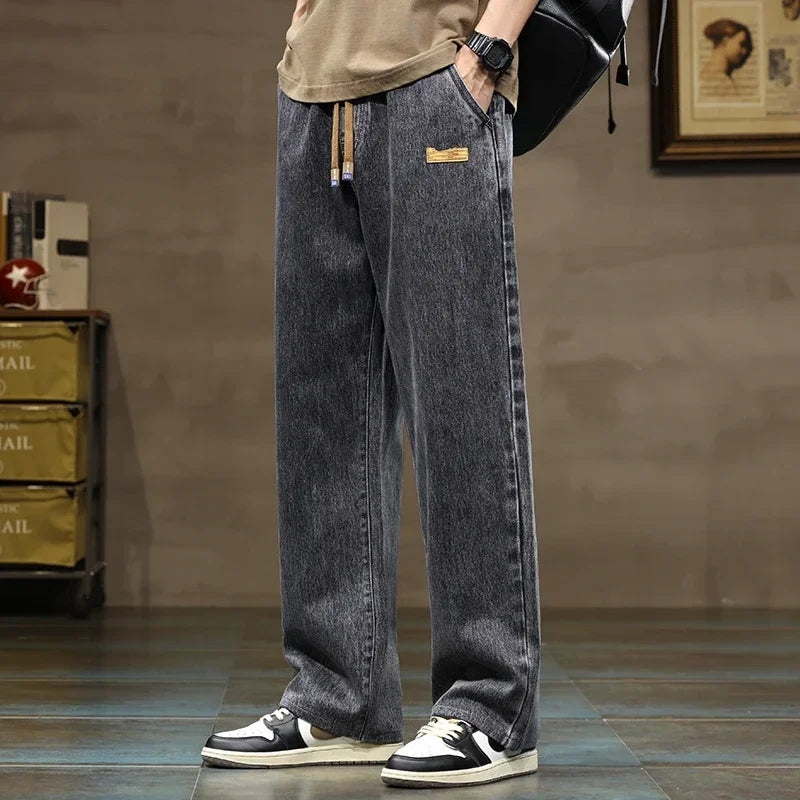 Branded Men's Baggy Jeans Classic Drawstring Loose Casual Straight Pants College Students Daily Versatile Blue Pants