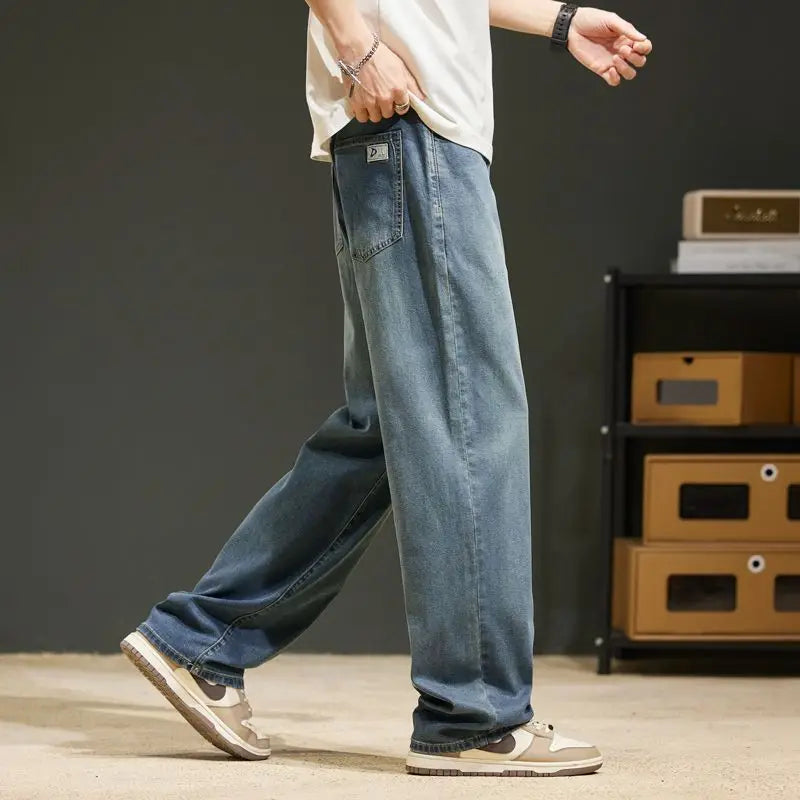 Baggy Jeans Summer Men's Jeans Baggy Soft Drape Loose Comfortable Wide-leg Ice Silk Pants Retro Elastic Casual Denim Trousers