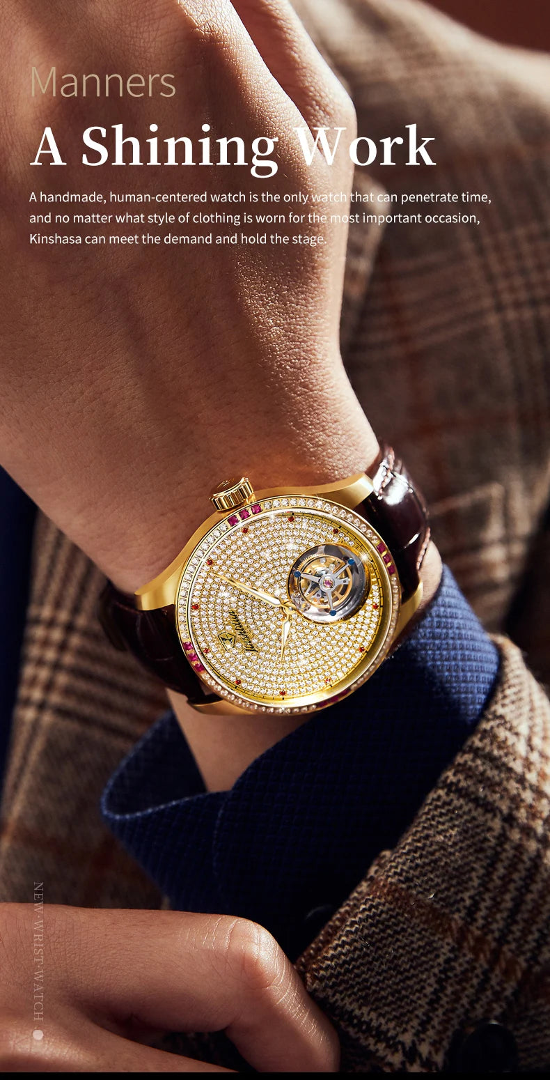 JSDUN Fully Diamond Tourbillon Automatic Watch for Men Genuine Leather Strap Sapphire Mirror Luxury Mechanical Man Wrist Watches
