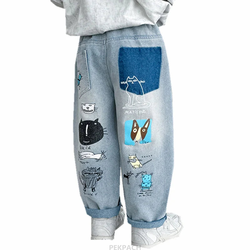 New Fashion Baby Baggy Ripped Jeans For Boys Casual Cartoon Print Denim Pants Kids Child Destroyed Jeans Trousers Age 2 To 9 Y