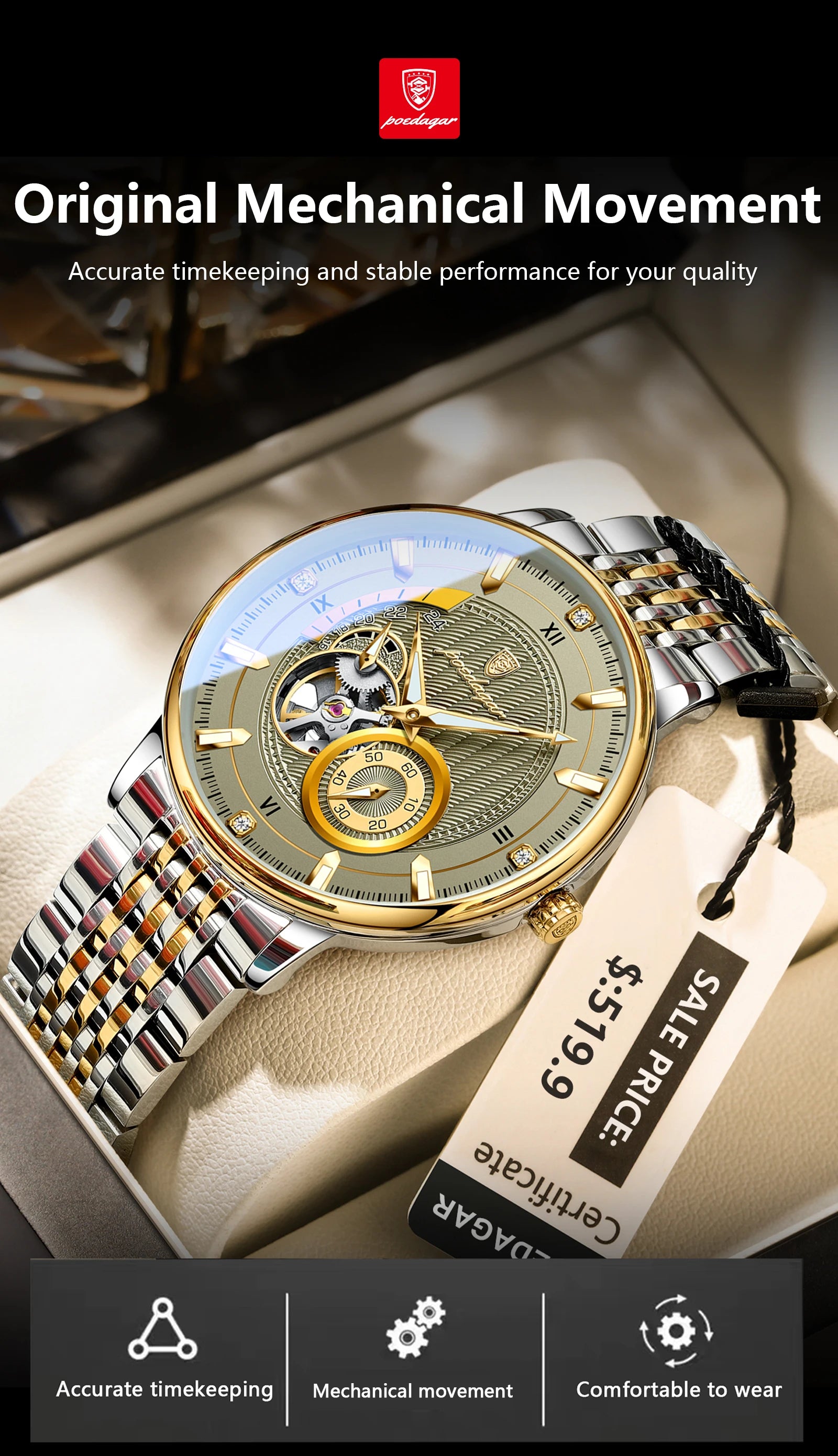 POEDAGAR Luxury Man Wristwatch Top Automatic Mechanical Luminous Men Watch Hollow Tourbillon Stainless Steel Men's Watches Reloj