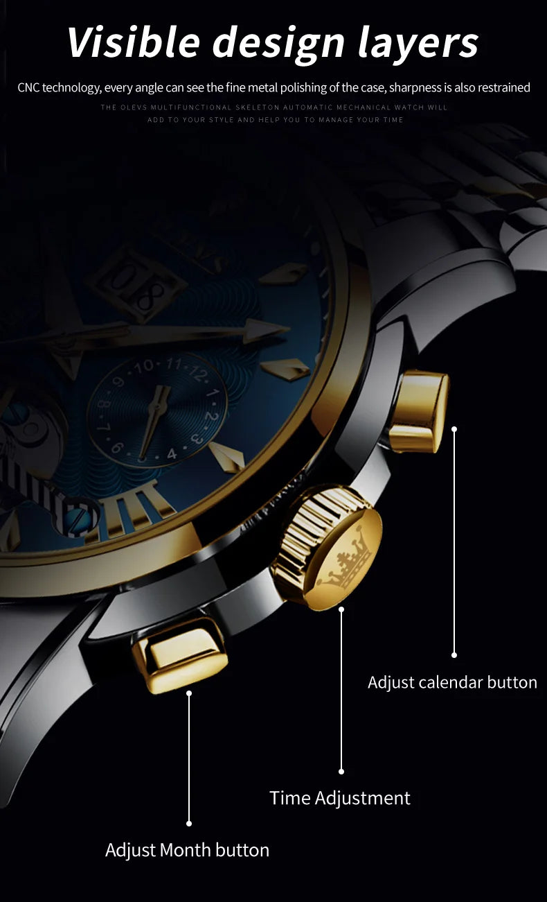 OLEVS Luxury Top Brand Watch for Men Automatic Mechanical Watches Waterproof Stainless Steel Skeleton Design Man Wristwatch