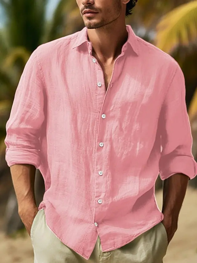 Men's Long-sleeved Top in 2025,Made of Cotton and Linen, Solid Color, Turn-down Collar, in a Casual Style Shirt  linen shirt men