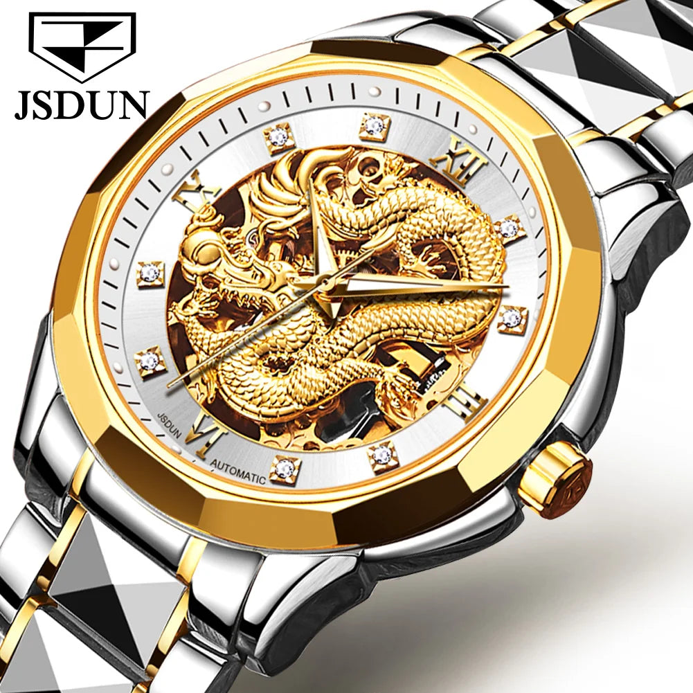 JSDUN Gold 3D Dragon Dial Watch For Men Luxury Brand Automatic Mechanical Watch Stainless Steel Strap Hollow-carved Reloj Hombre