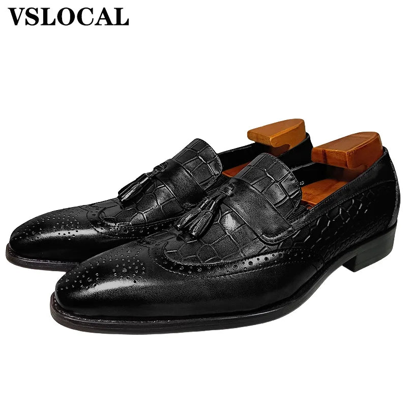 Italian Mens Shoes Blue Black Burgundy Wing Tip Casual Men Dress Shoes Loafers with tassels Leather Slip on Loafers Man