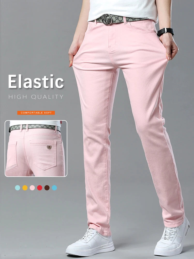 Men's Pink Jeans Spring Summer New Comfortable Elastic Fitted Straight Denim Trousers Fashion Korean Male Casual Pants