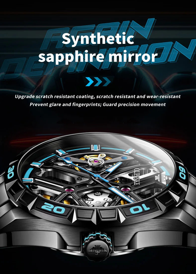 OUPINKE 3196 Blue Watch for Men Original Automatic Movement Deep Waterproof Hollow Out Mechanical Wristwatch Men
